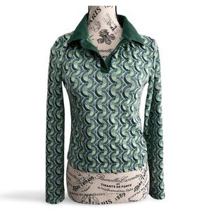 Zara 90s Y2K Green Retro 70s Print Collared Top Size Small